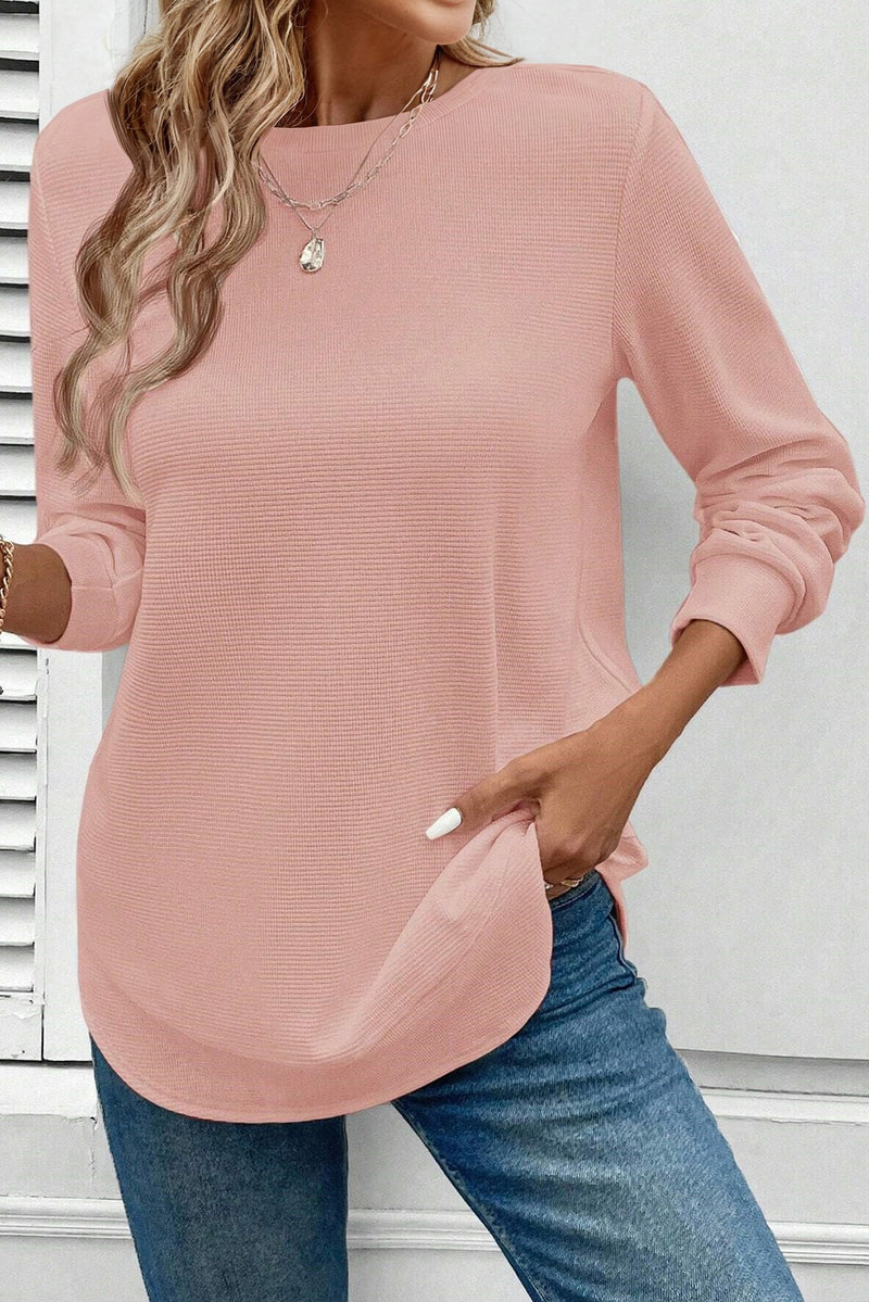 Pink Rounded Hem Waffle Long Sleeve Top