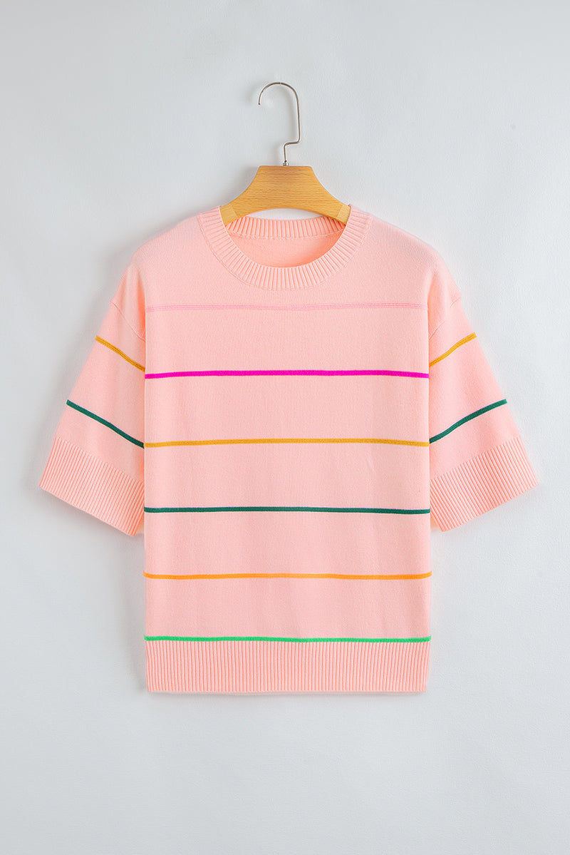 Color block Striped Half Sleeve Drop Shoulder Sweater