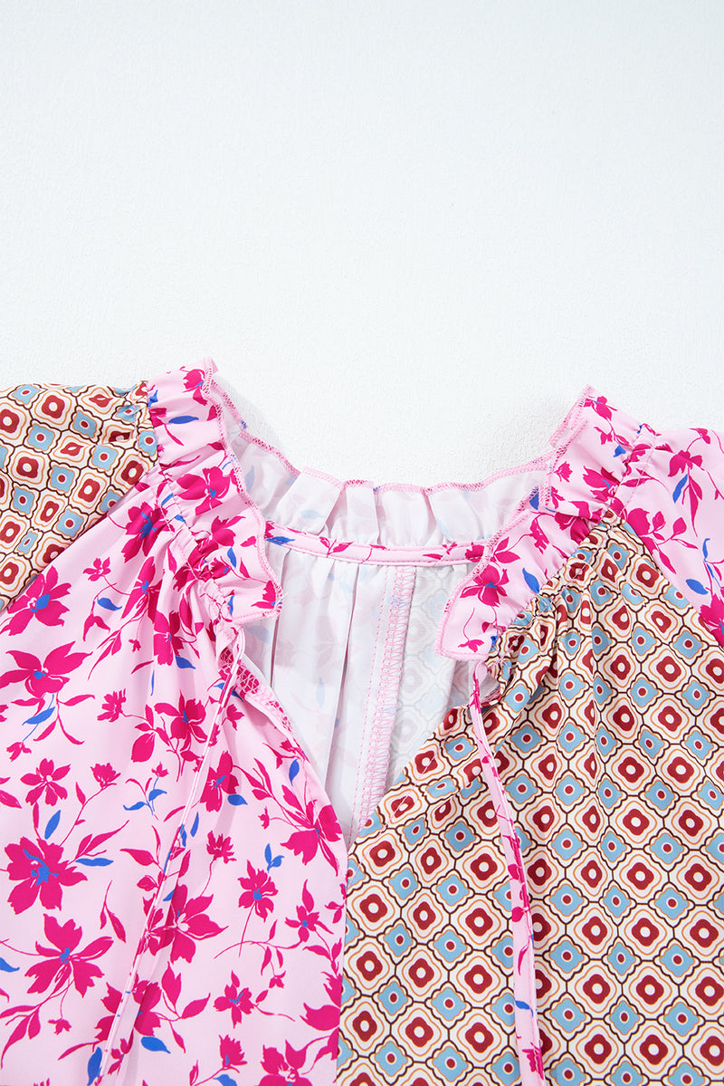 Boho Mixed Floral Drop Shoulder Bubble Sleeve Blouse