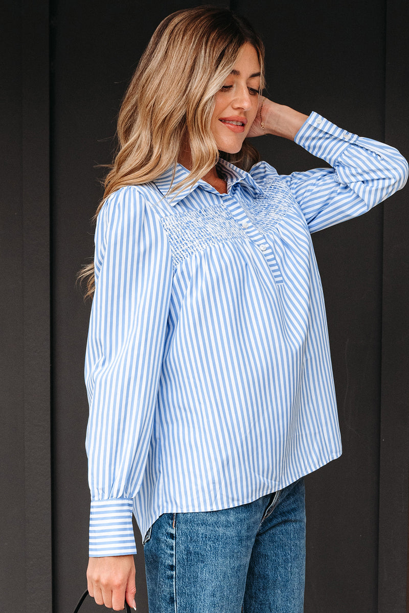 Stripe Shirred Detail Half Placket Collared Long Sleeve Fall Shirt
