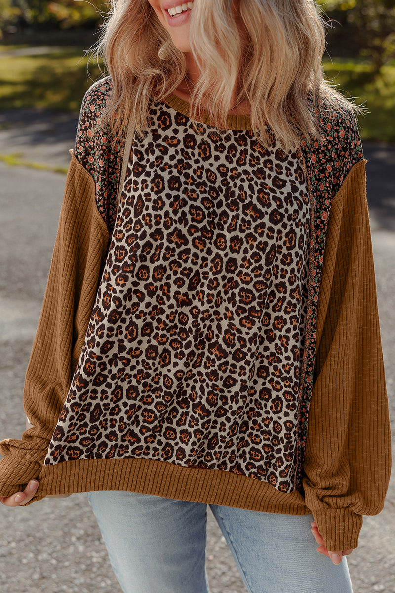 Leopard Print Ribbed Puff Sleeve Patchwork Loose Pullover