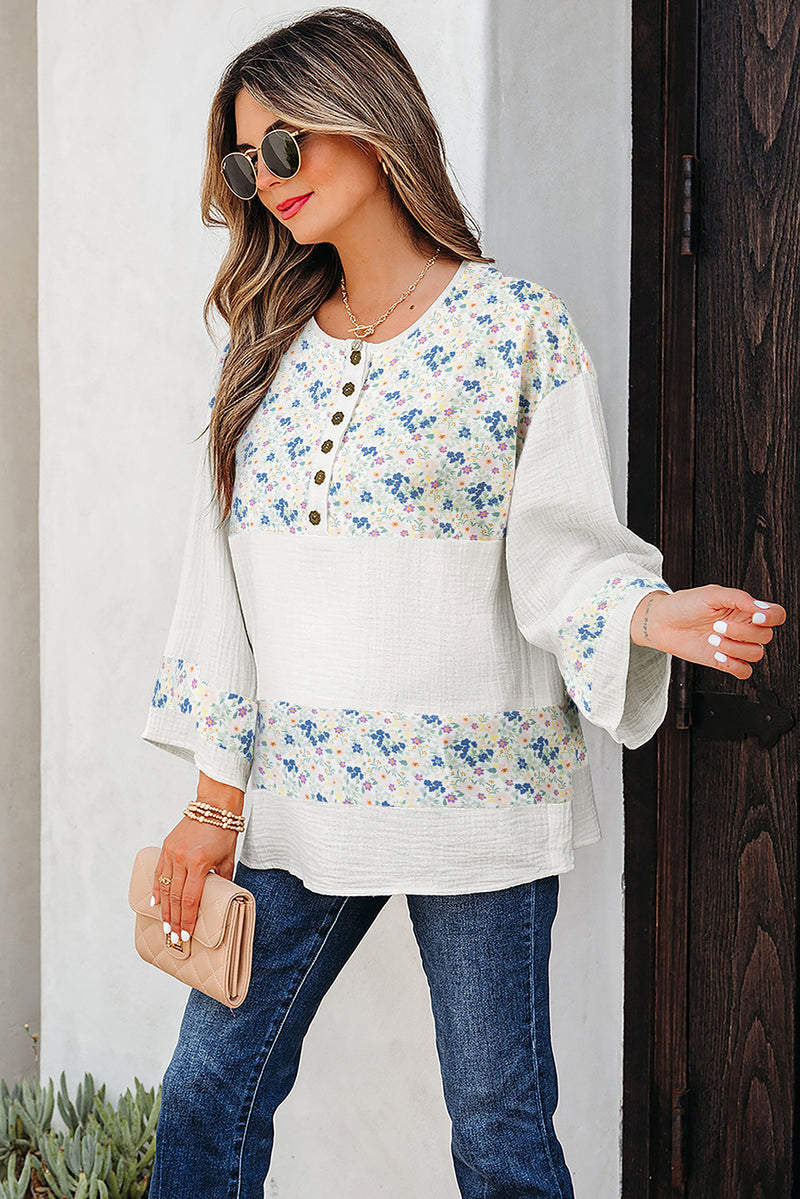 Floral Print Gauze Patchwork Henley Button 3/4 Sleeve Blouse