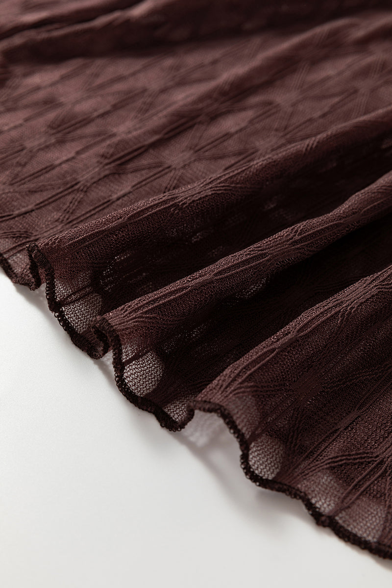 Sheer Mesh Patterned Lettuce Trim Slim Long Sleeve Top