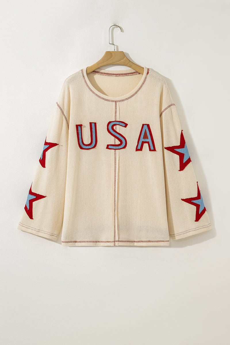 USA Star Contrast Patchwork Exposed Seam Long Sleeve Top