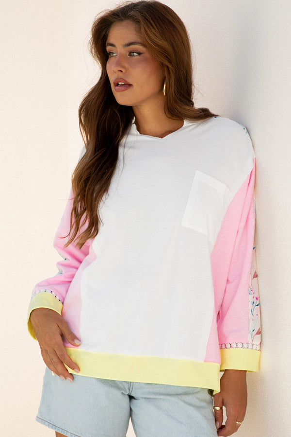 Floral Colorblock Patchwork Chest Pocket Notched Neck Long Sleeve Top