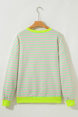 Stripe Contrast Ribbed Trim Crossed Stitch Drop Shoulder Sweatshirt