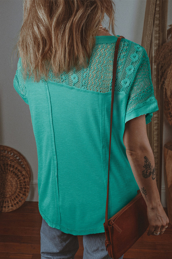 Lace Patchwork Split Neck Textured Short Sleeve Blouse
