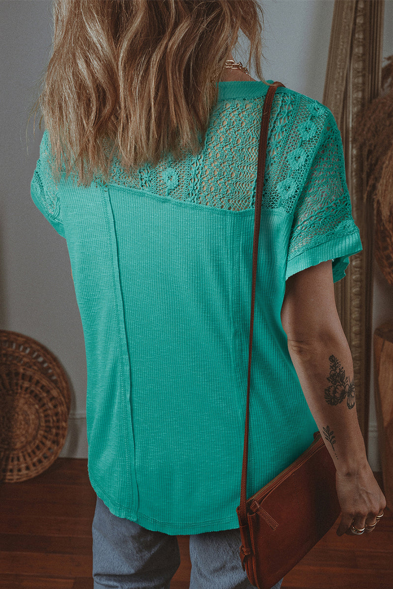 Lace Patchwork Split Neck Textured Short Sleeve Blouse