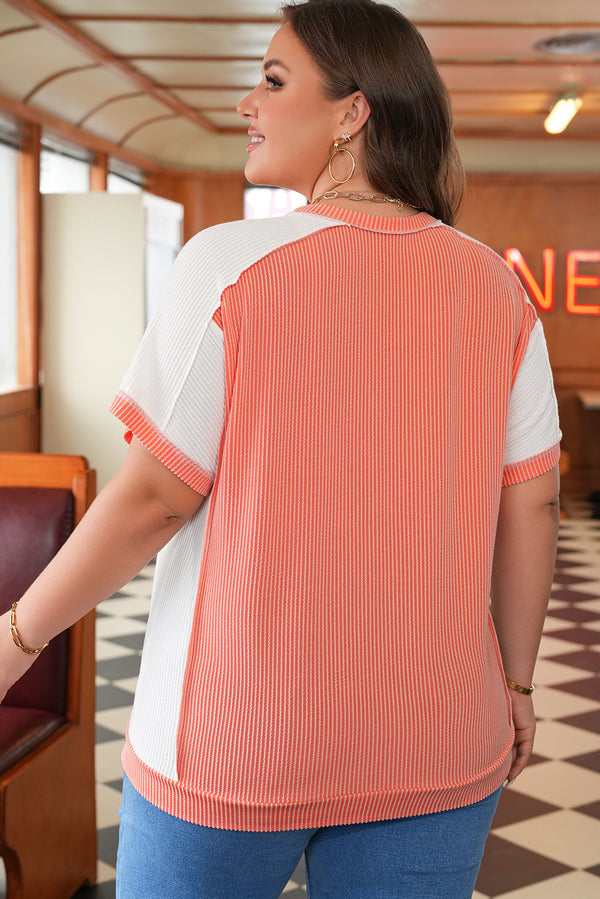 Twist Rib Colorblock Hi Low Plus Size Short Sleeve Top