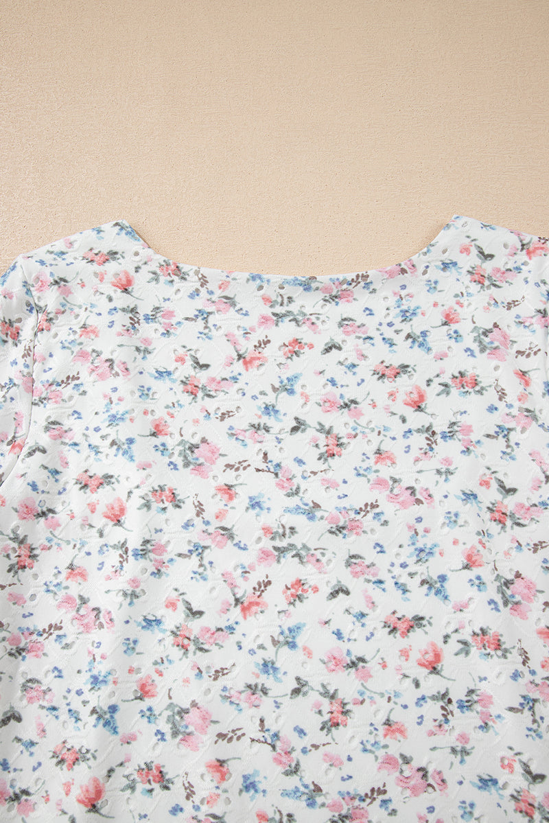 White Floral Print Textured Square Neck Slim Fit Long Sleeve Top