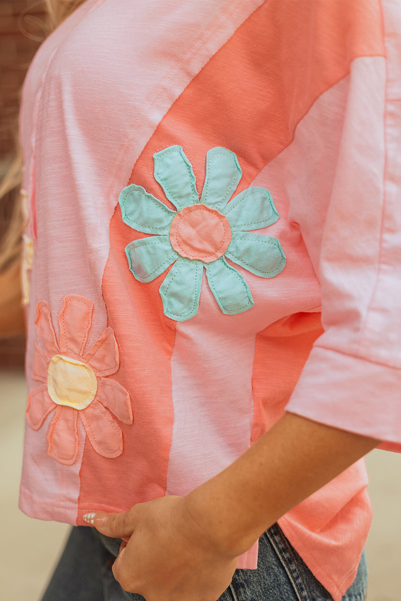 Flower Patched Exposed Seam Bracelet Sleeve Oversized T Shirt