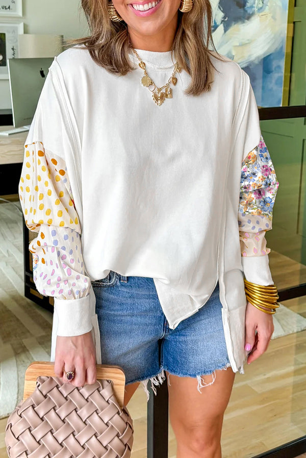 Floral Dotted Mixed Print Patchwork Sleeve High Low Casual Sweatshirt