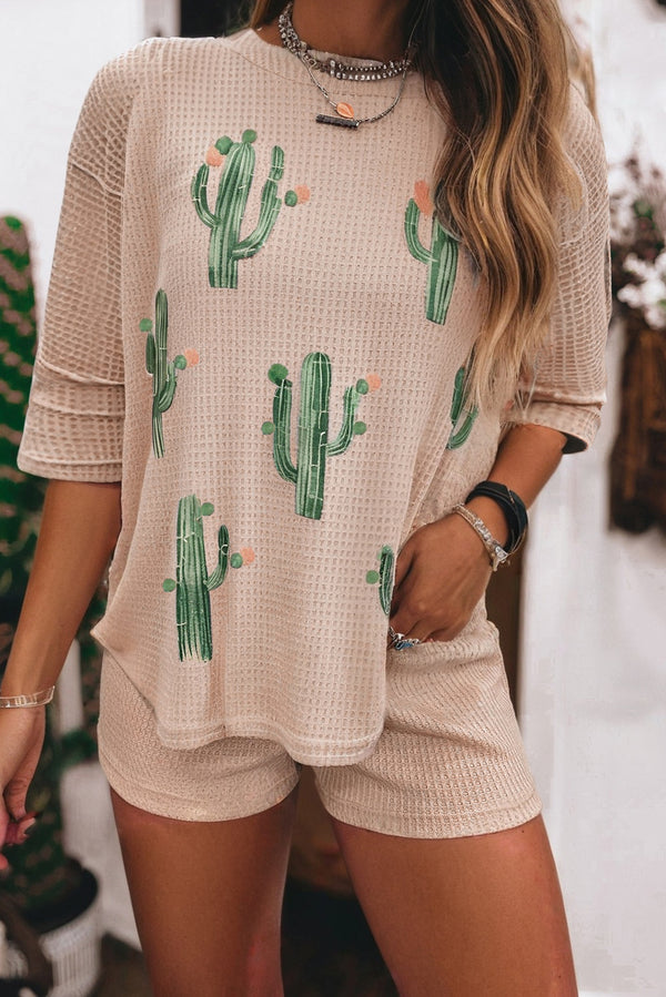 Light French Cactus Forest Waffle Half Sleeve Tee Short Set