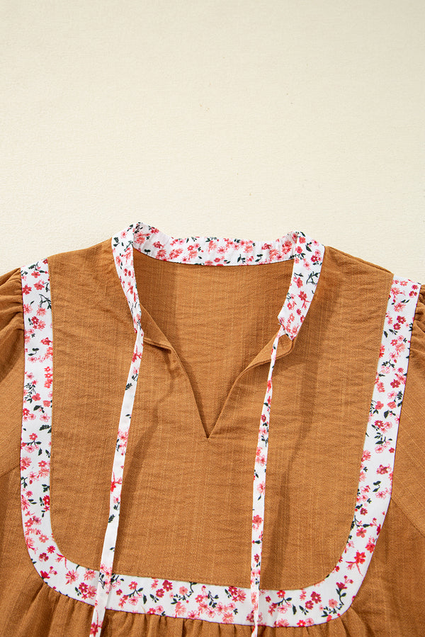 Split Neck Pleated Floral Trim Long Puff Sleeve Blouse