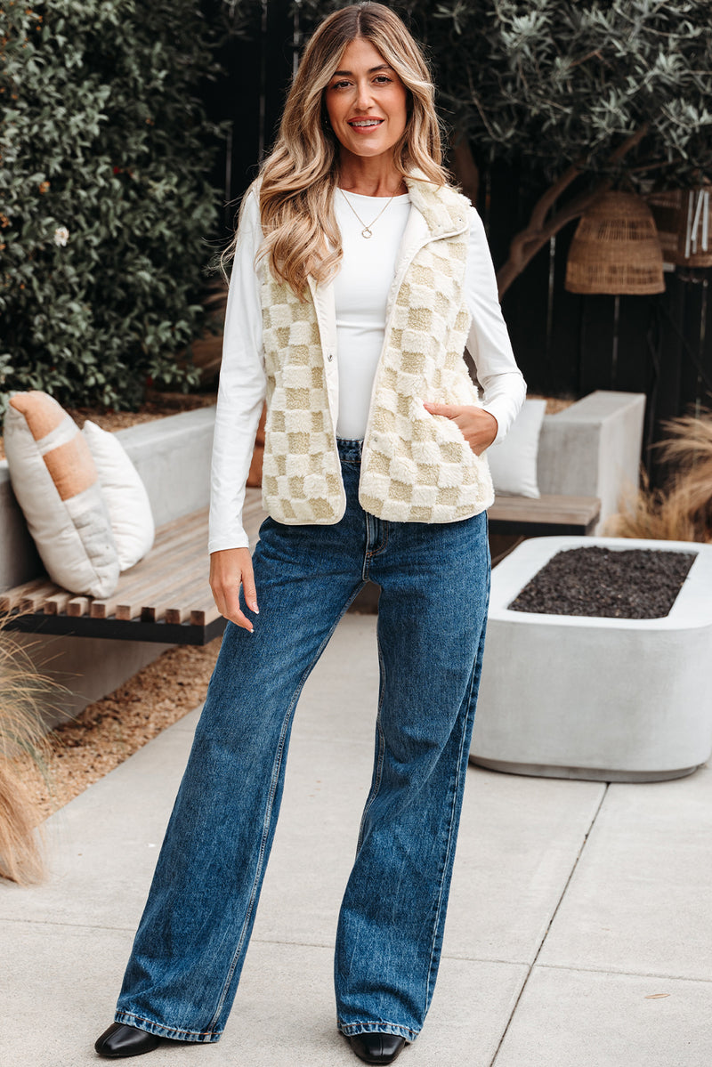 Sherpa Checkerboard Snap Button Vest Jacket With Pocket