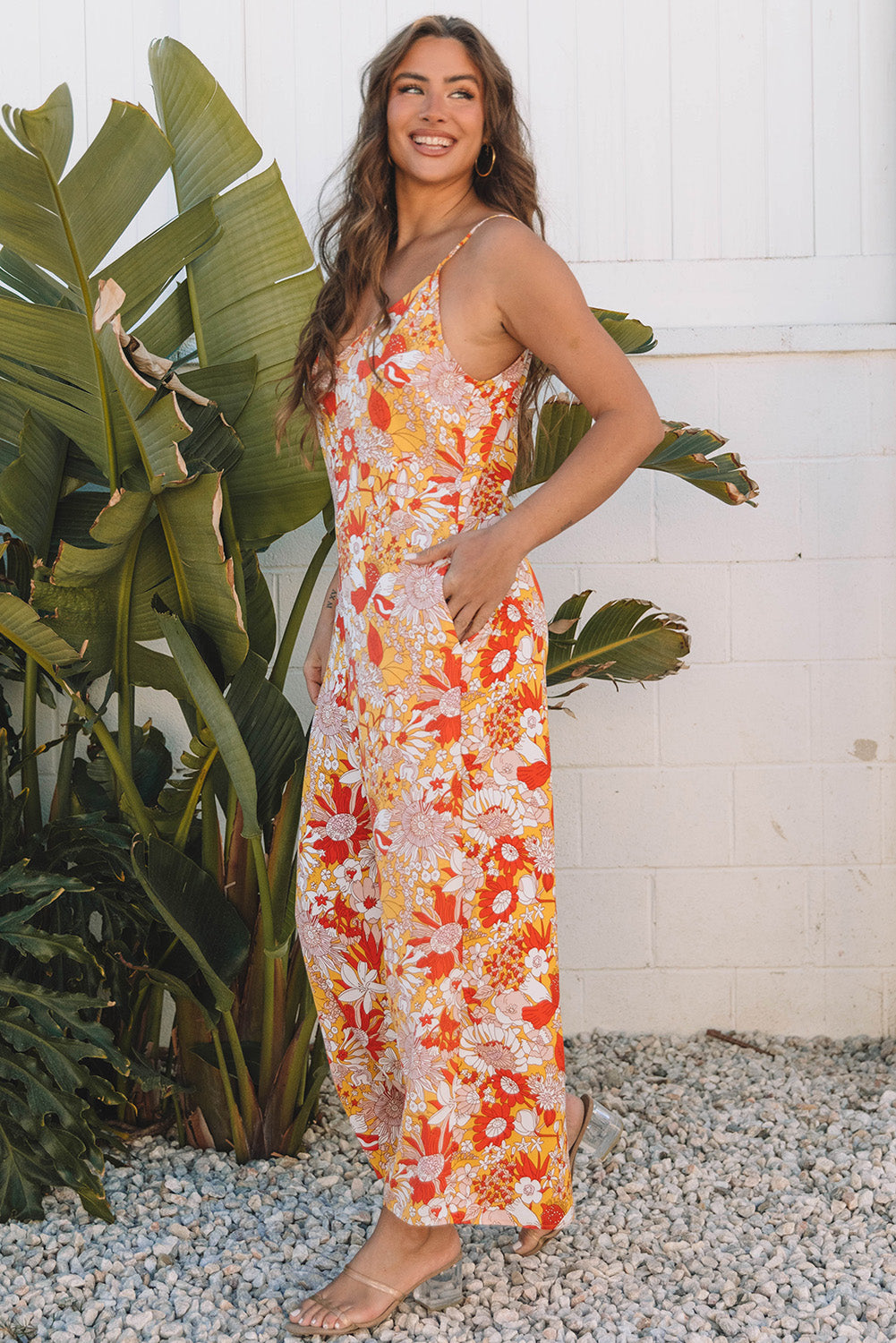 Floral V Neck Wide Leg Sleeveless Jumpsuit