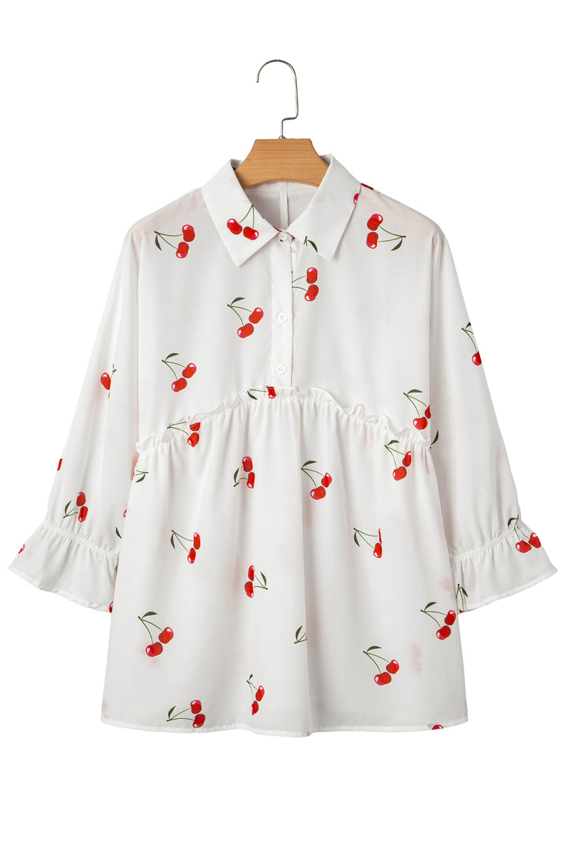 Cherry Print Flounce Sleeve Collared Frilled Babydoll Blouse
