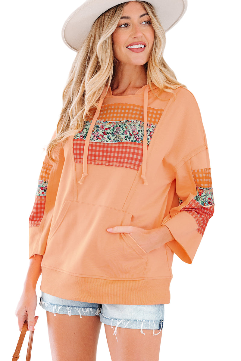 Plaid Floral Patchwork Kangaroo Pocket Hooded Long Sleeve Top
