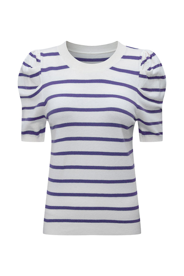 Stripe Ribbed Trim Round Neck Bubble Sleeve Knitted Top