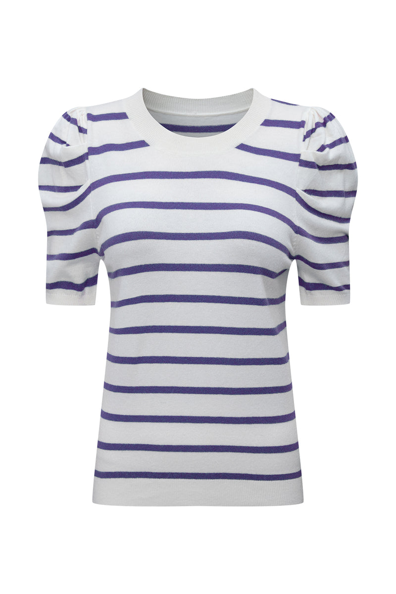Stripe Ribbed Trim Round Neck Bubble Sleeve Knitted Top