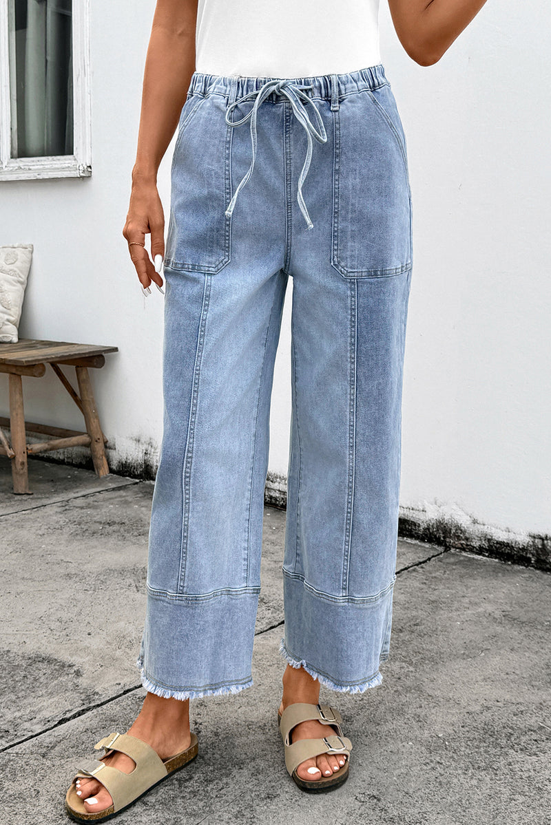 Drawstring Seam Detail Raw Hem Wide Leg Denim Pants