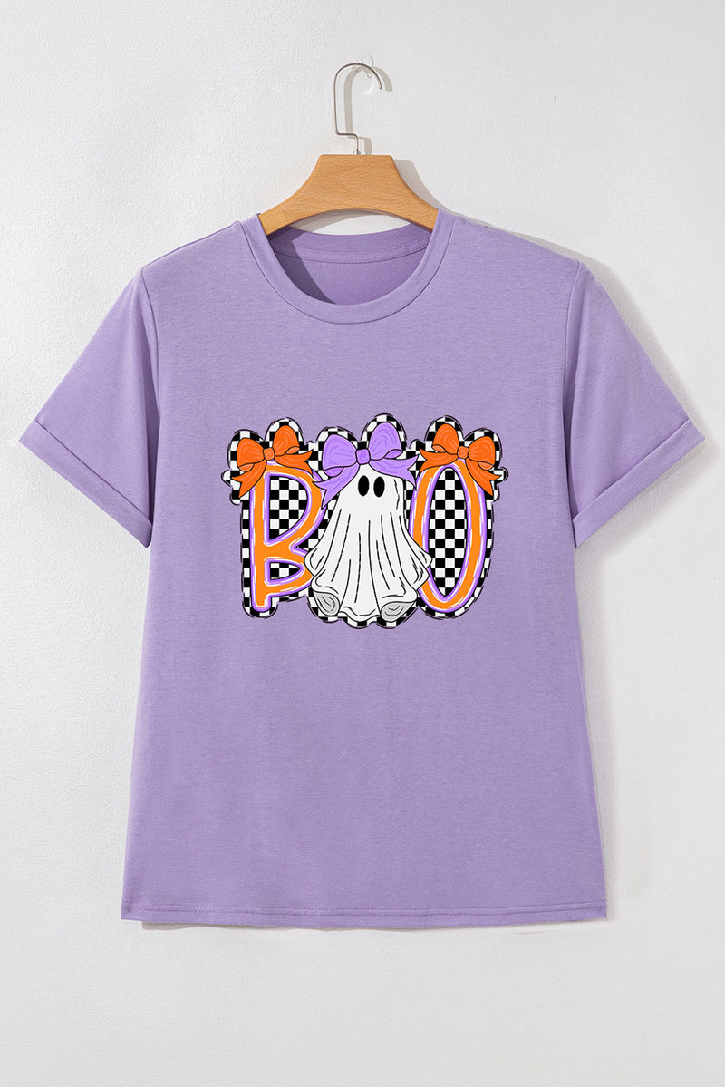 Boo Checkered Bow Ghost Halloween Graphic Tee