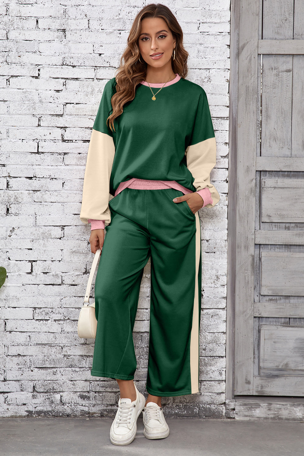 2pcs Color Block Pullover Loose Pant Set