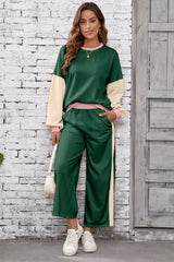 2pcs Color Block Pullover Loose Pant Set