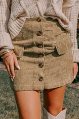 Corduroy Buttoned Front Faux Pockets Mini Skirt