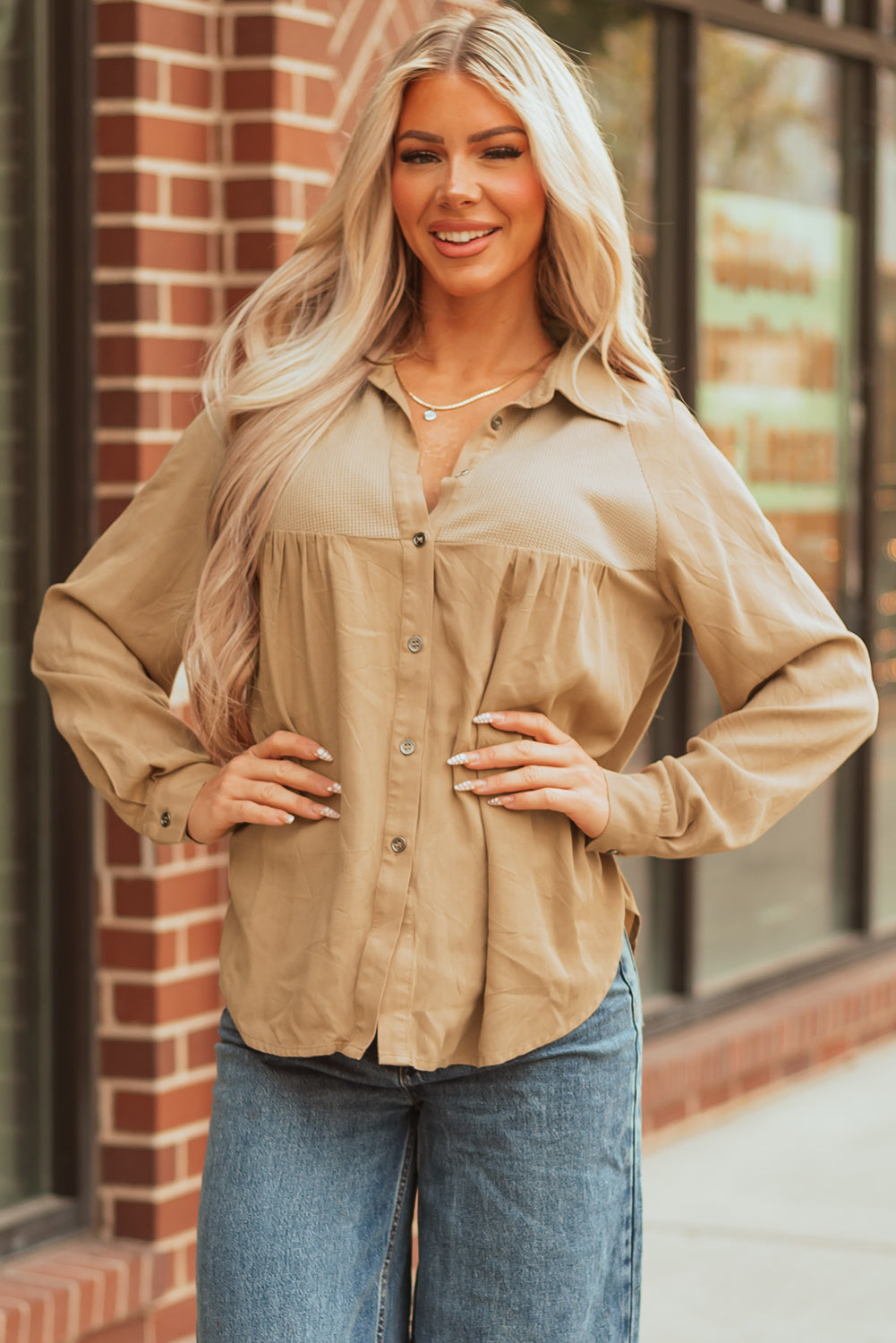 Light French Waffle Patchwork Button Up Frayed Hem Shirt