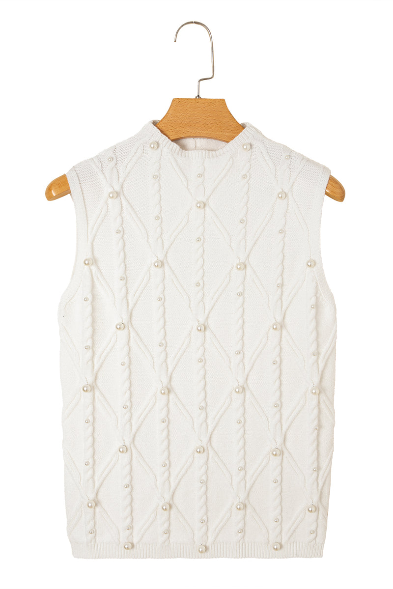 Crewneck Pearled High Neck Textured Knit Sweater Vest