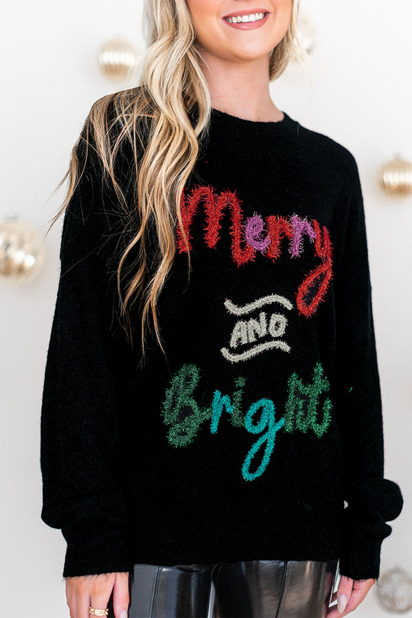 Solid Tinsel Merry and Bright Graphic Christmas Sweater