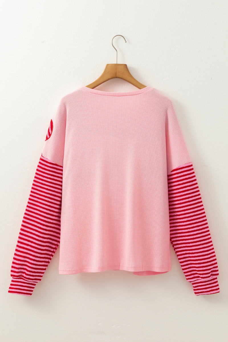 Floral Patch Color Block Striped Sleeve Textured Top
