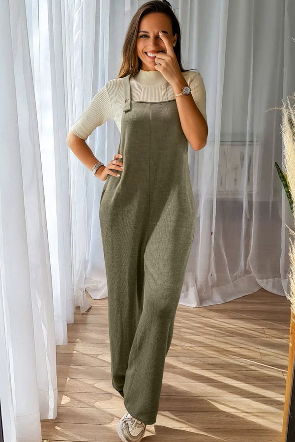 Solid Color Knit Loose Straight Leg Casual Overall Jumpsuit