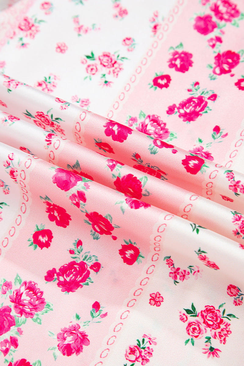 Mixed Floral Print Contrast Piping Trim Satin Tie 2pcs Pajama Set