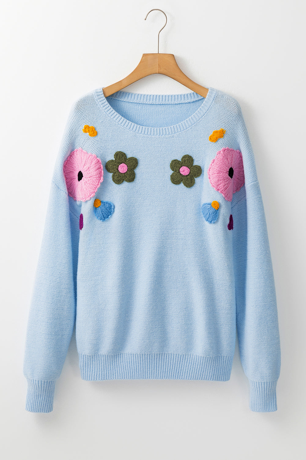Soft Colored Knitted Flower Pattern Ribbed Edge Sweater