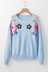 Soft Colored Knitted Flower Pattern Ribbed Edge Sweater