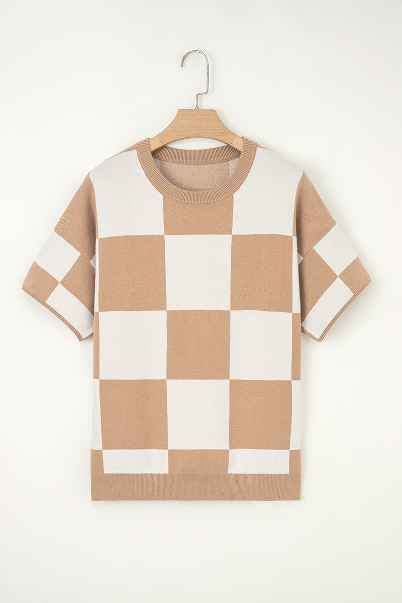 Checkered Pattern Loose Drop Shoulder Half Sleeve Sweater