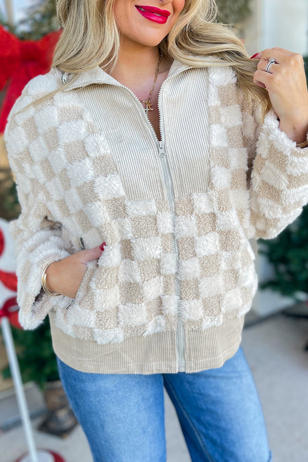 Checker Sherpa Corduroy Patchwork Zip up Collared Jacket