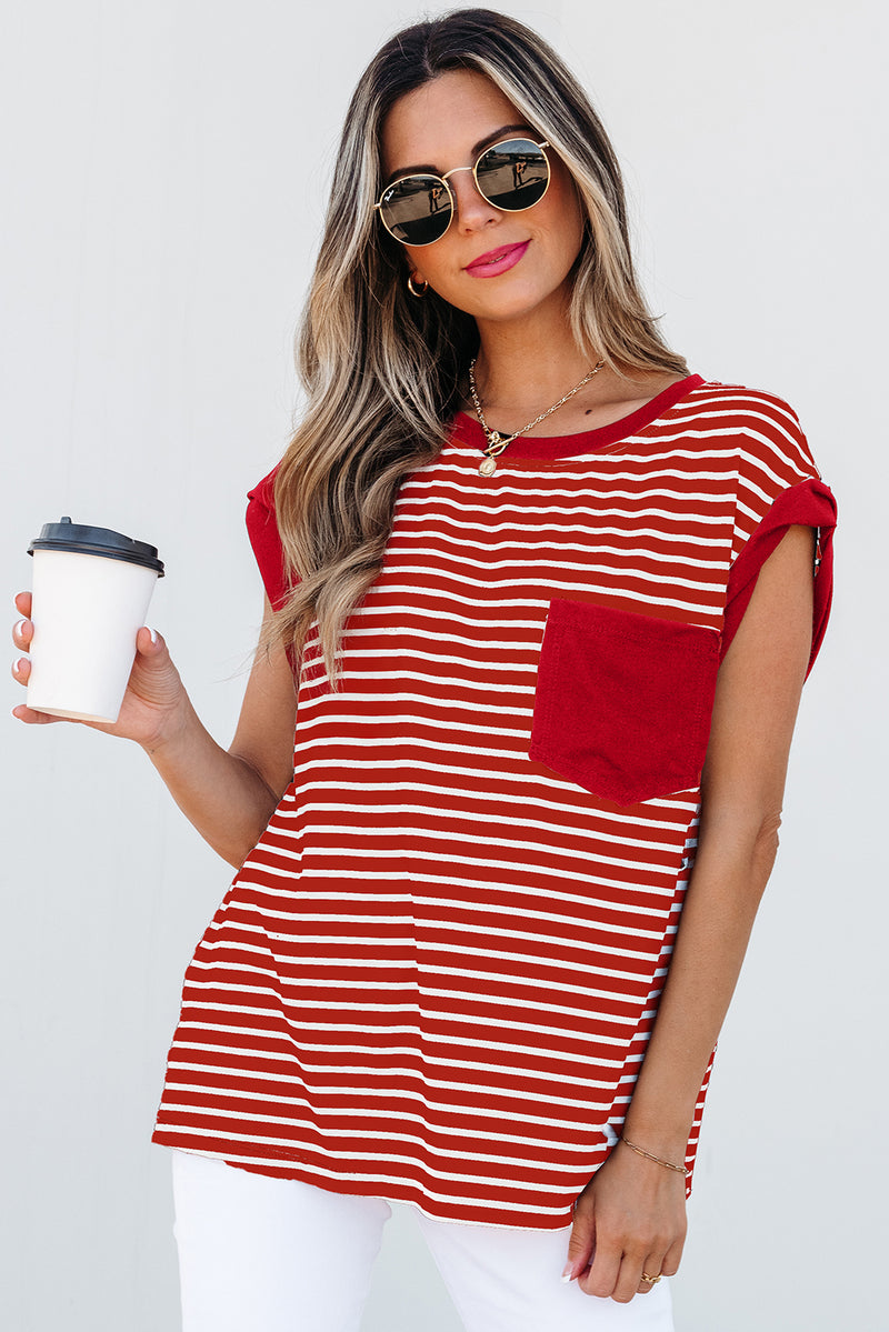 Stripe Chest Pocket Patch Round Neck Tank Top