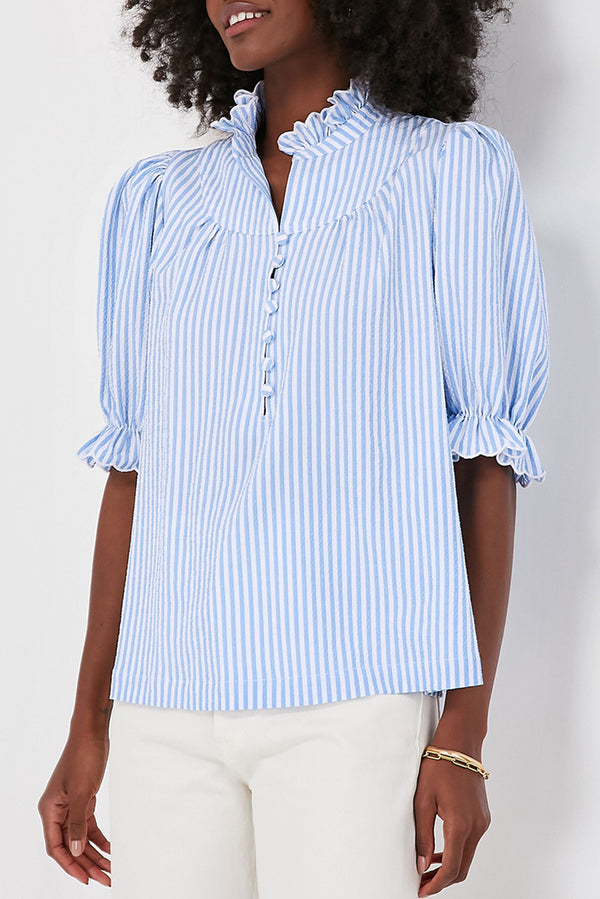 Stripe Ruffled Collar Puff Sleeve Half Buttons Blouse
