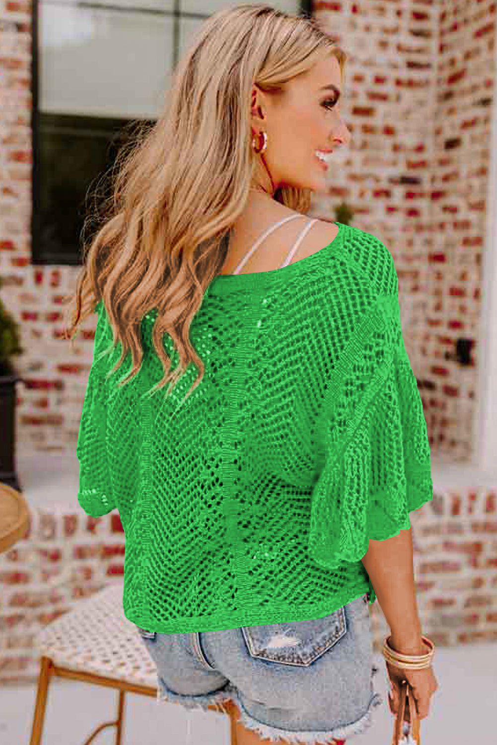 Solid Pointelle Knit Scallop Edge Short Sleeve Top