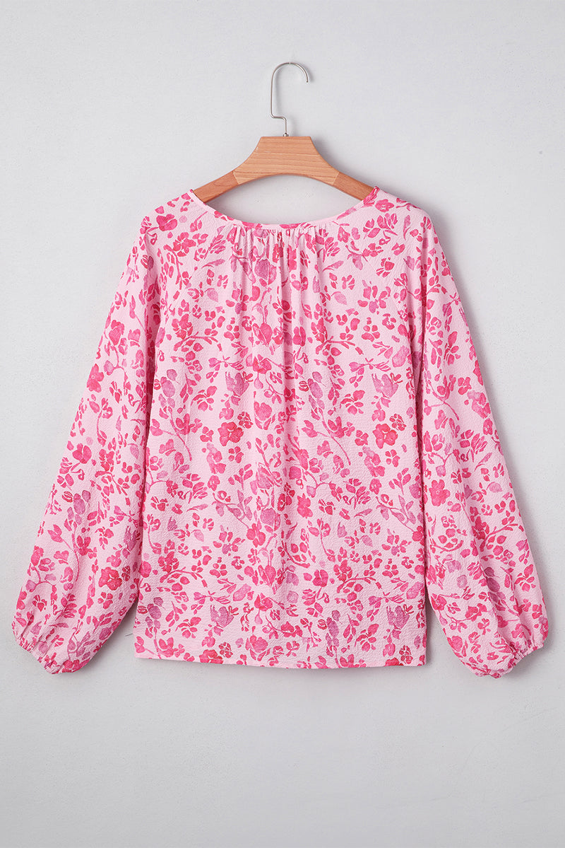 Floral Puff Sleeve Split Neck Lightweight Blouse