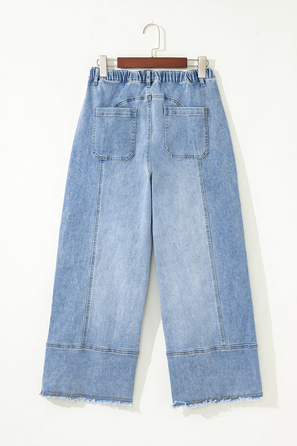Drawstring Seam Detail Raw Hem Wide Leg Denim Pants