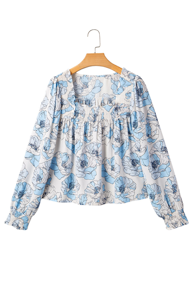 Sky Blue Floral Print Frilly Smocked Square Neck Long Sleeve Blouse