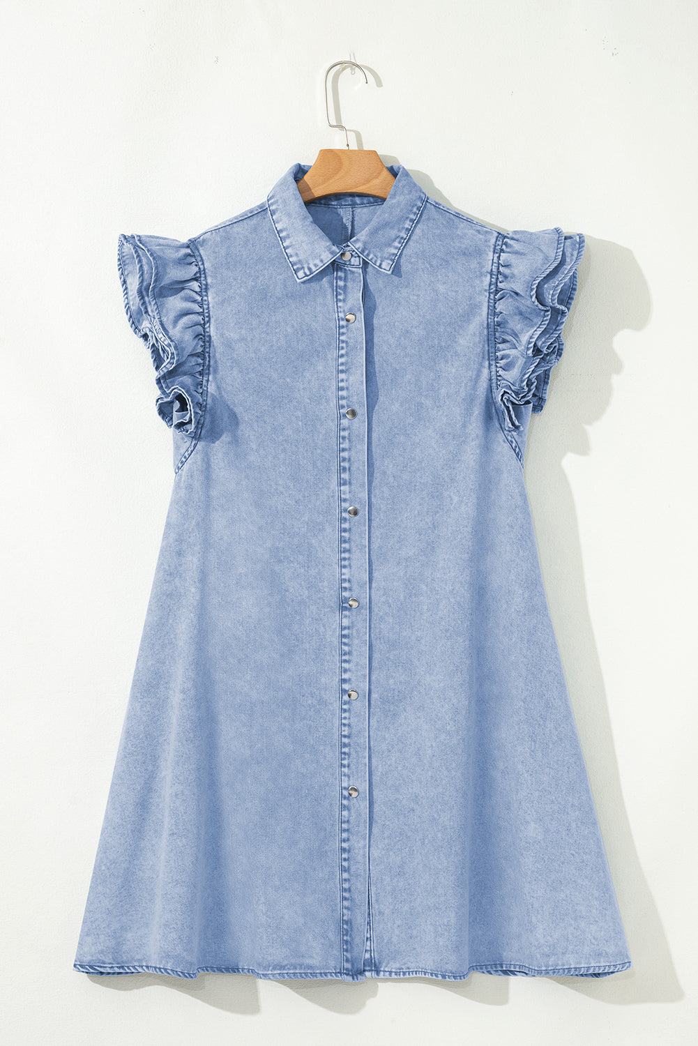 Double Ruffled Sleeves Buttoned A-line Collared Mini Denim Dress
