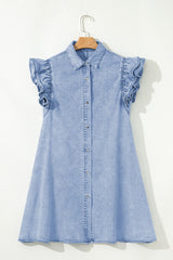 Double Ruffled Sleeves Buttoned A-line Collared Mini Denim Dress