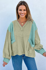 Exposed Seam Waffle Striped Patchwork Baggy Pullover