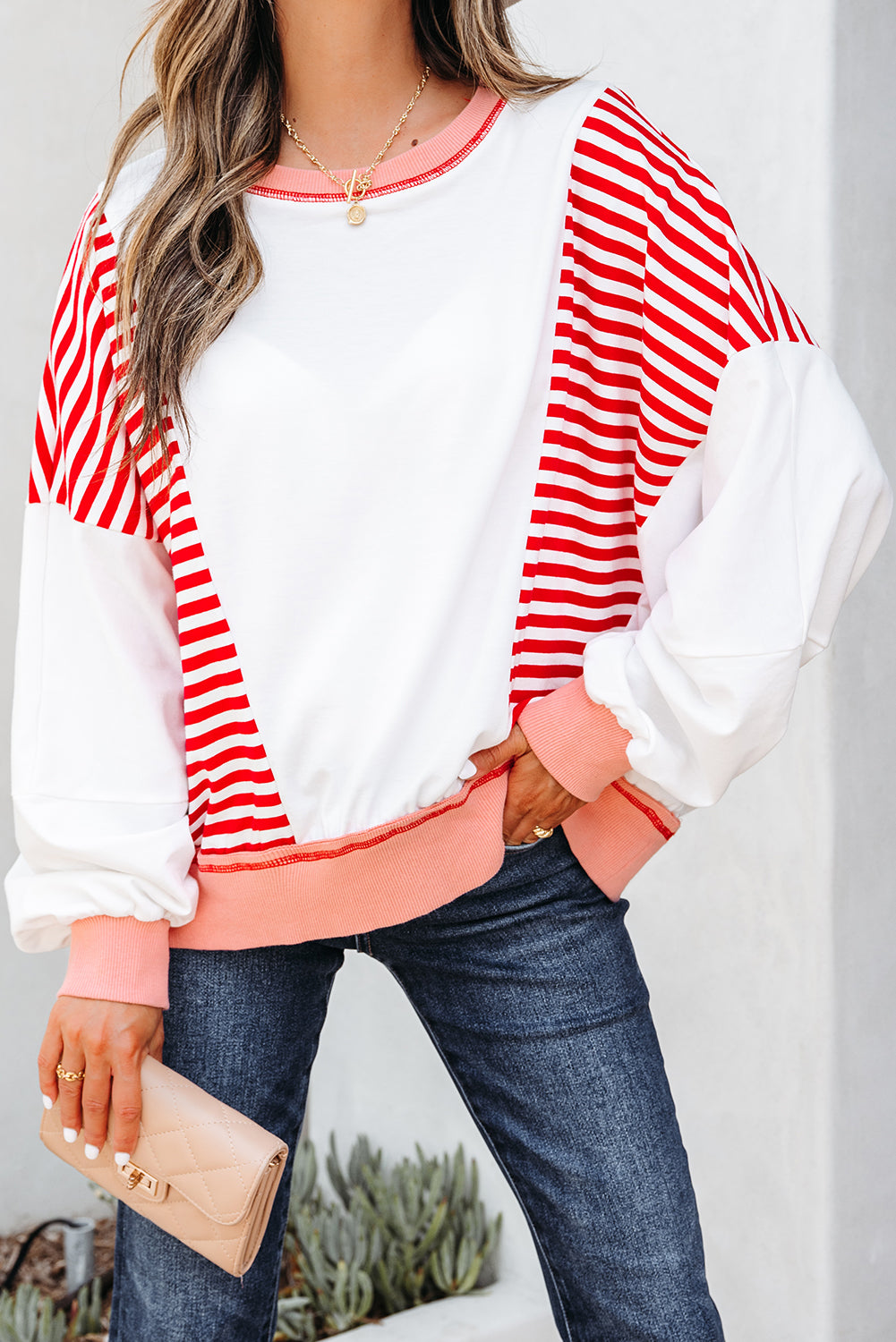 Stripe Colorblock Patchwork Contrast Stitching Oversize Sweatshirt