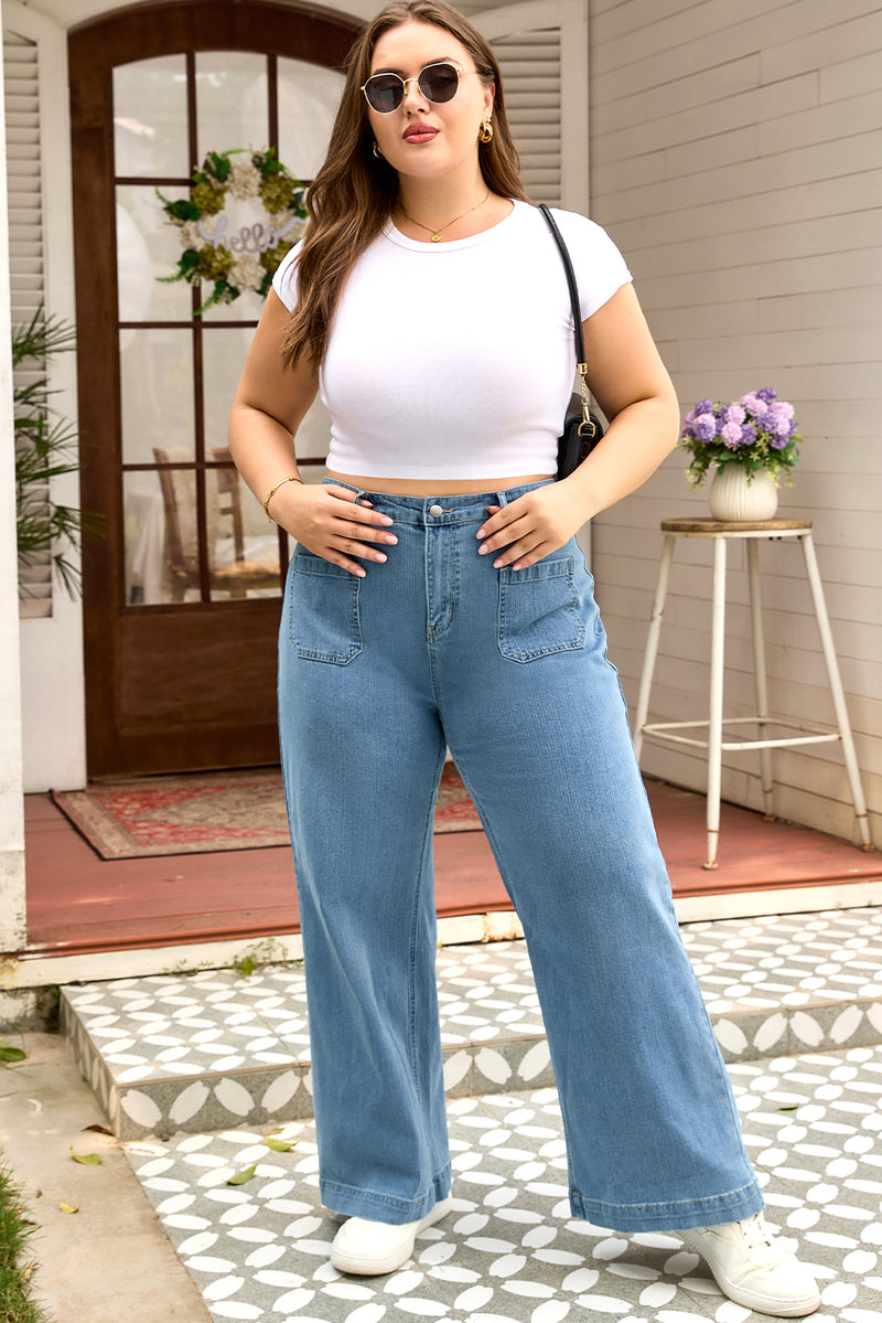 Patched Pocket Textured Wide Leg Plus Size Jeans